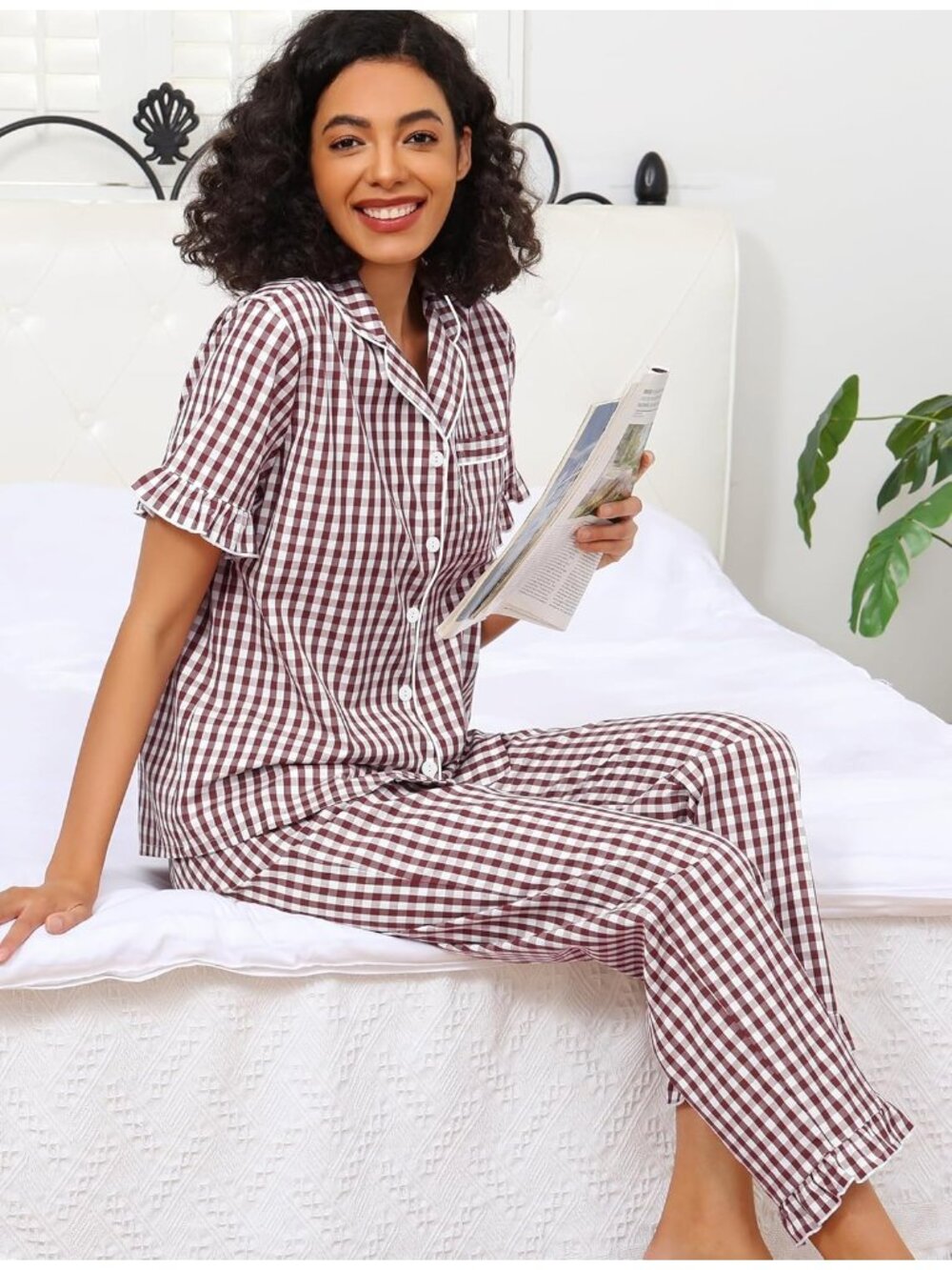 Women's Black & White Cotton Button Down Shirt Sleepwear 2 Piece Pajamas Set - Picture 3 of 7